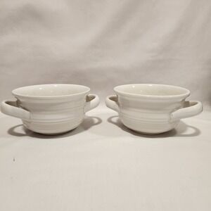 Set of 2 Crate & Barrel Farmhouse White Soup Bowls Double Handle Portugal EUC